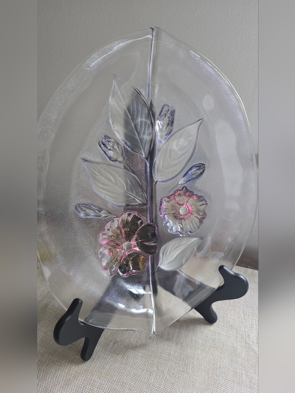 Vintage Frosted Pink Floral Glass Leaf Bowl Plate 11" Art Glass Serving Dish
